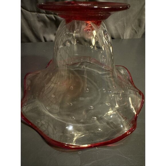 Art Glass Ruffled Compote Candy Bowl Clear Controlled Bubbles 5x8x8” Vintage Red - Picture 11 of 16